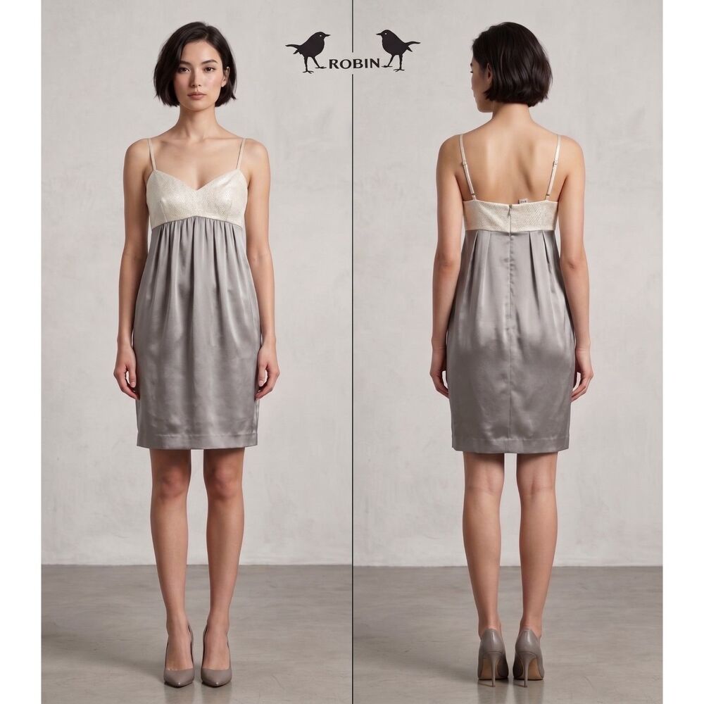 Vintage Robin Silk Gray Colorblock Satin Slip Mini Dress Spaghetti Strap Sz 4